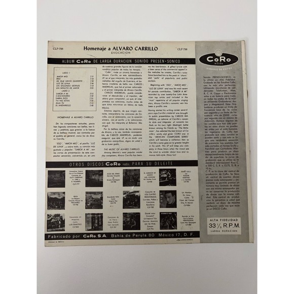 Evocacion Un Homenaje A Alvaro Carrillo Canta Carlos Madrigal LP Coro Discos VG - Picture 2 of 7